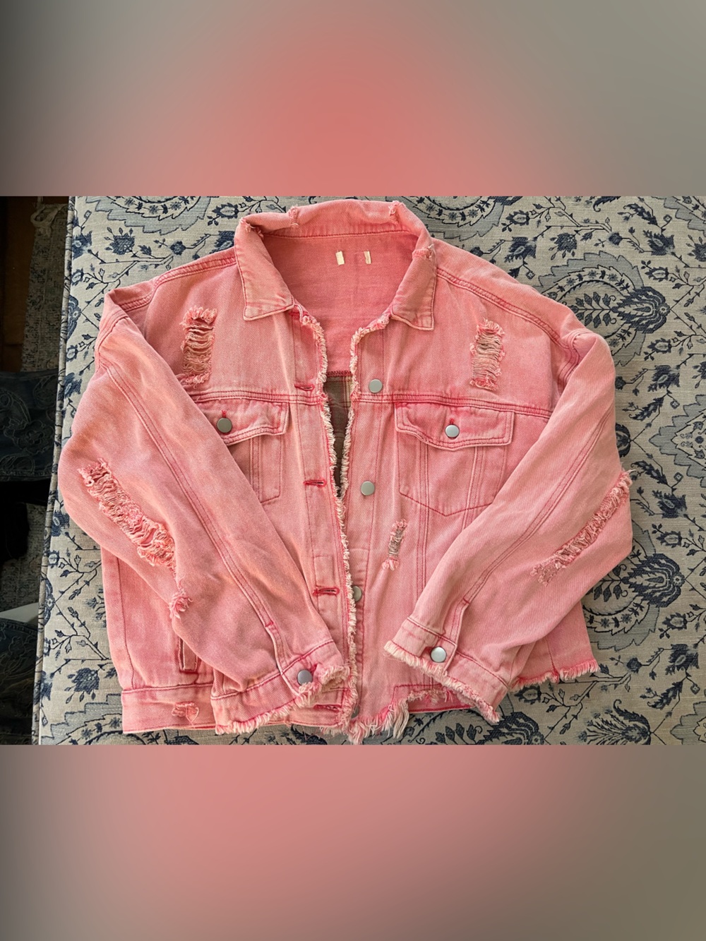 pink distressed denim and twill jacket w/plaid back patch & frayed edges sz SM